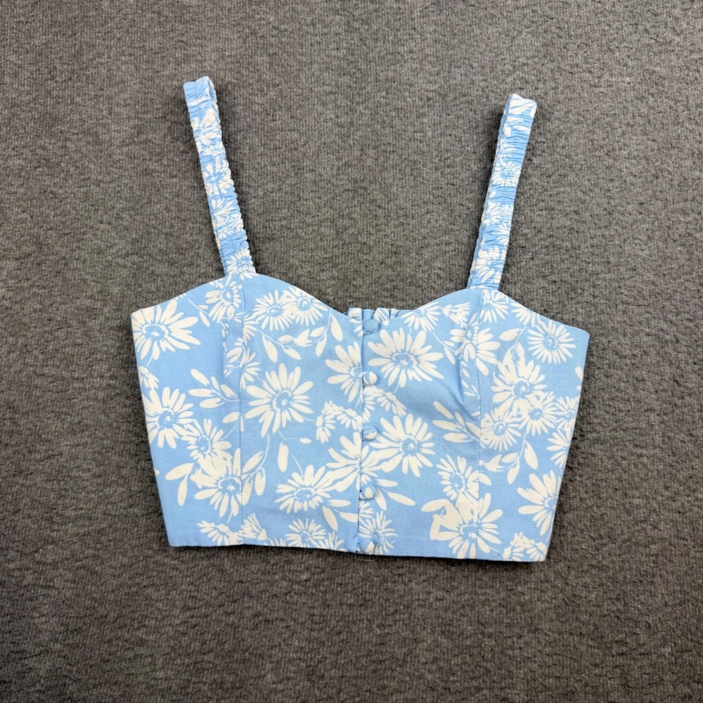 Zara Crop Top Womens Small Blue Floral Button Front Ruched Strap Cotton Camisole
